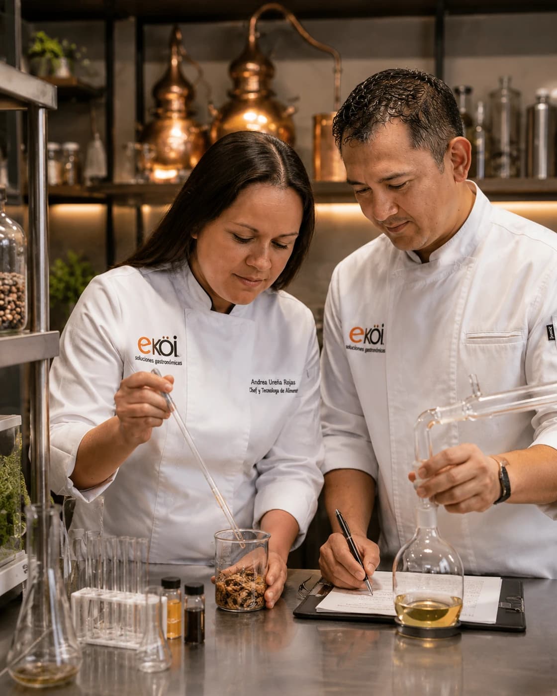 Andrea María Ureña Rojas y Víctor Daniel Aguilar Rodríguez trabajando en investigación gastronómica